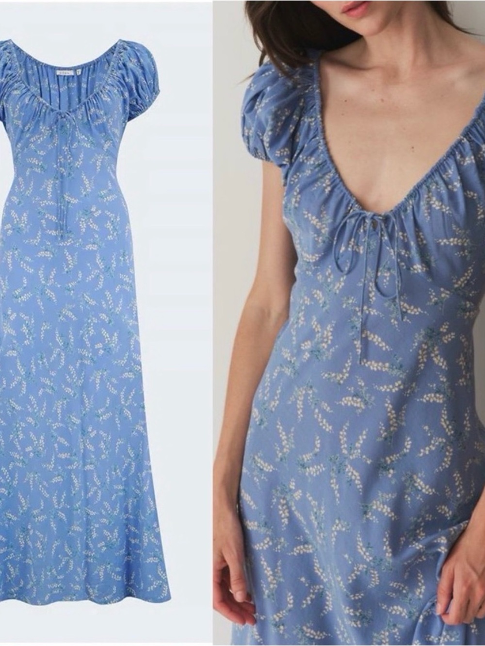 Doen Periwinkle Blue Floral Tie-Neck Puff Sleeve Maxi Dress